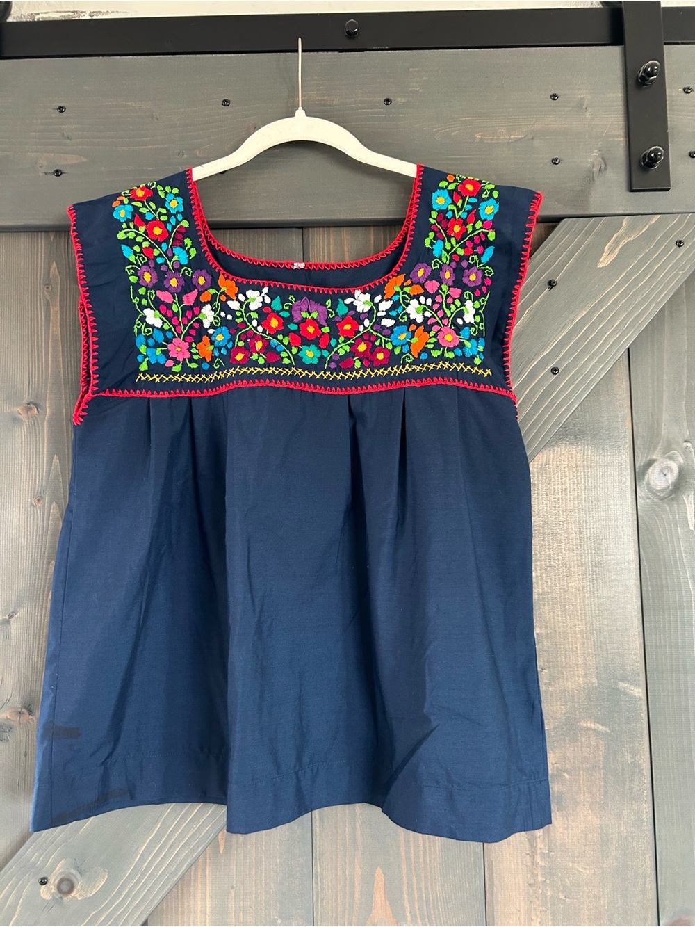 Embroidered Navy Floral Cotton Peasant Top
